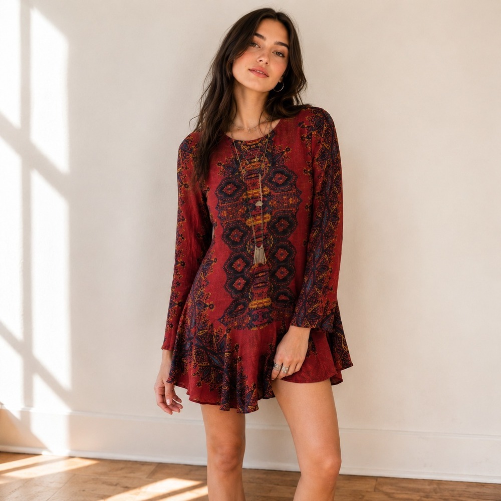 NWT‎ Free People Smooth Talker Mini Dress XS Boho Aztec Tunic Pockets Babydoll